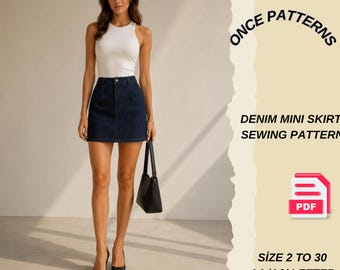 Patrón de costura en PDF para minifalda vaquera, patrón de falda de talle alto, tutorial de minifalda para mujer, patrón de costura digital, edades de 2 a 16 años.