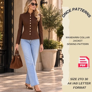 Pode incluir: Uma jaqueta castanha de manga comprida com gola mandarim e uma fila vertical de botões dourados, combinada com calças de ganga azul-claras. O texto diz: ONCE PATTERNS, MANDARIN COLLAR JACKET SEWING PATTERN, PDF, SIZE 2 TO 30, A4 /A0/ LETTER FORMAT.