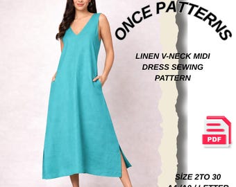 Patrón de costura en PDF para vestido midi de lino de corte holgado, vestido sin mangas con cuello en V y bolsillos, sin costura en la cintura, vestido de verano DIY de 2 a 30