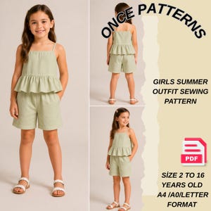 Puede incluir: Conjunto de verano verde claro para niñas, que incluye un top con dobladillo con volantes y pantalones cortos. La imagen también muestra un patrón de costura PDF para tallas de 2 a 16 años. El texto de la imagen dice "ONCE PATTERNS".