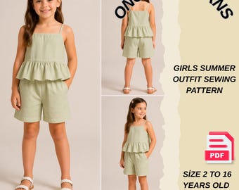 Patrón de costura para conjunto de verano para niñas, conjunto de top con volantes y shorts en PDF, patrón fácil para principiantes, shorts con cintura elástica, conjunto para niña pequeña.