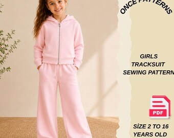 Girls Tracksuit Sewing Pattern PDF, Kids Zip Hoodie and Sweatpants Pattern, Children’s Sweat Set, Lounge Outfit Digital Pattern, Ages 2-16