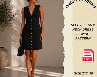 Patrón de costura en PDF para vestido sin mangas con escote en V, vestido negro con botones delanteros y costura princesa, patrón de minivestido elegante, tallas 2 a 30.