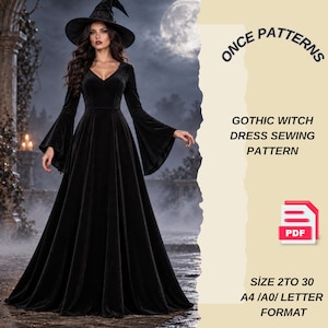 Pode incluir: Um vestido longo de veludo preto com mangas sino e decote em V. O texto diz ONCE PATTERNS, GOTHIC WITCH DRESS SEWING PATTERN, PDF e SIZE 2 TO 30 A4/A0/LETTER FORMAT. O design apresenta uma saia ampla e um corpete justo ao corpo.
