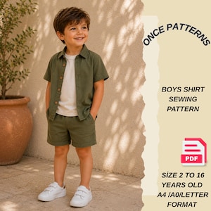 May include: A sewing pattern for a short-sleeved olive green button-down shirt and matching shorts. The text reads ONCE PATTERNS BOYS SHIRT SEWING PATTERN, PDF, and SIZE 2 TO 16 YEARS OLD A4 /A0/LETTER FORMAT. The pattern is for a child's outfit.