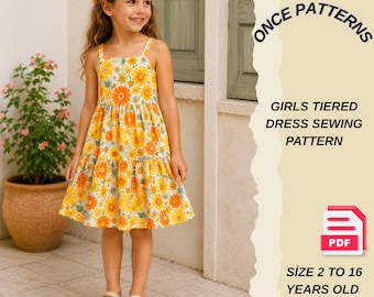 Patrón de costura en PDF para vestido de niña con volantes / Patrón fácil para vestido de verano / Vestido de verano para niñas pequeñas / Patrón para vestido de niña / Tallas DIY, edades de 2 a 16 años