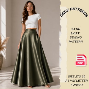 Puede incluir: Una mujer con un top blanco y una falda larga de satén verde oliva. La falda tiene cintura alta y bolsillos. El texto a la derecha dice "ONCE PATTERNS, SATIN SKIRT SEWING PATTERN, PDF, SIZE 2TO 30, A4/A0/LETTER FORMAT."