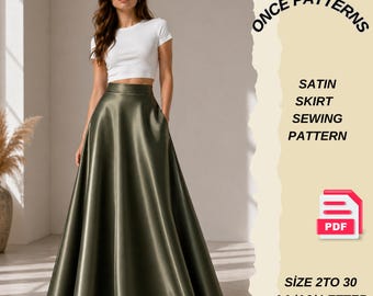 Patrón de costura en PDF para falda maxi acampanada, patrón de falda maxi de satén, falda de talle alto, cremallera invisible, bolsillos laterales, descarga digital.