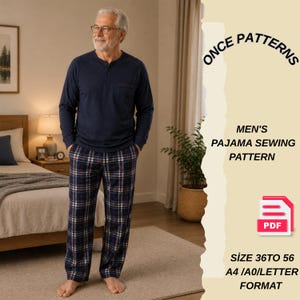 Può includere: Un cartamodello digitale per pigiama composto da una maglia henley blu navy a maniche lunghe e pantaloni a quadri. Il testo riporta ONCE PATTERNS, MEN'S PAJAMA SEWING PATTERN, PDF, SIZE 36 TO 56 A4 /A0/LETTER FORMAT. Include un'icona PDF rossa.
