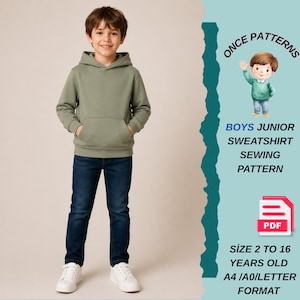 Könnte beinhalten: Ein salbeigrüner Kapuzenpullover mit Kängurutasche, kombiniert mit einer dunkelblauen Jeans und weißen Turnschuhen. Der Text lautet: ONCE PATTERNS, BOYS JUNIOR SWEATSHIRT SEWING PATTERN, PDF, SIZE 2 TO 16 YEARS OLD, A4 /A0/LETTER FORMAT.
