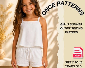 Patrón de costura en PDF para conjunto de verano para niñas, patrón de conjunto de shorts para niños, top sin mangas y shorts con cintura elástica, patrón para hacer tú misma, edades de 2 a 16 años.