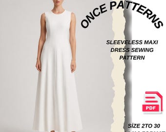 Patrón de costura para vestido largo con corte princesa, sin mangas, cuello redondo, elegante y largo (PDF, tallas 2 a 30)