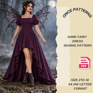 Może przedstawiać: Ciemnofioletowa sukienka z asymetrycznym dołem, bufiastymi rękawami i kwadratowym dekoltem. Tekst głosi: ONCE PATTERNS, DARK FAIRY DRESS SEWING PATTERN, PDF, SIZE 2 TO 30, A4 /A0/ LETTER FORMAT. Sukienka zestawiona z czarnymi sznurowanymi butami i skrzydłami.