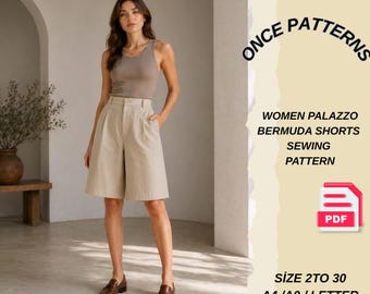 Patrón de costura PDF para pantalones cortos tipo bermuda Palazzo / Patrón de pantalones cortos de pierna ancha y cintura alta / Descarga digital / Patrón de pantalones cortos para mujer de 2 a 30 años