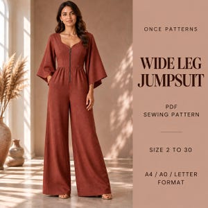 May include: A rust-coloured wide-leg jumpsuit with a front zip, V-neckline, and flared sleeves. Text reads: ONCE PATTERNS WIDE LEG JUMPSUIT PDF SEWING PATTERN SIZE 2 TO 30 A4 / A0 / LETTER FORMAT. The garment is shown on a model in a neutral setting.