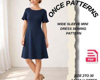 Patrón de vestido de corte A, vestido con escote barco, vestido con mangas con volantes, vestido hasta la rodilla en PDF - Patrón de costura minimalista de estilo escandinavo DIY 2 a 30