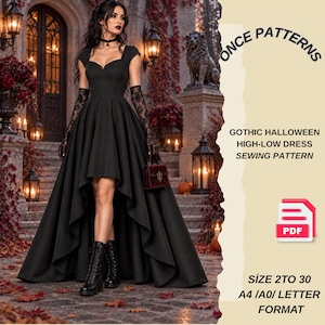 Può includere: Un cartamodello per abito nero asimmetrico con scollo a cuore e maniche ad aletta. Il testo recita: ONCE PATTERNS, GOTHIC HALLOWEEN HIGH-LOW DRESS SEWING PATTERN, PDF, SIZE 2 TO 30, A4/A0/LETTER FORMAT. Il design è per un abito formale.
