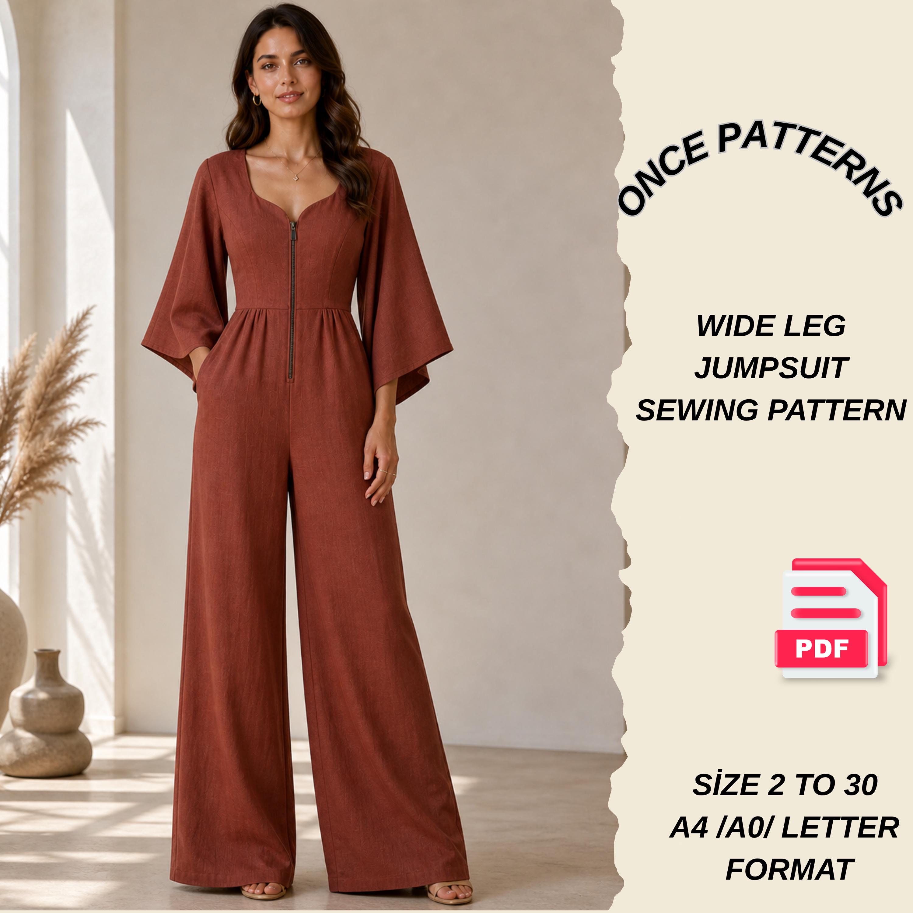 Wide Leg Jumpsuit Sewing Pattern PDF, Kimono Sleeve Jumpsuit, Front ...