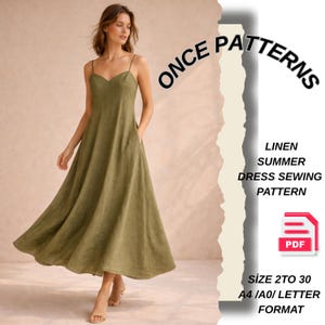 May include: An olive green linen summer dress with spaghetti straps and pockets. The dress is a flowing A-line style. Text on the image reads "ONCE PATTERNS" and "LINEN SUMMER DRESS SEWING PATTERN". The pattern is available in sizes 2 to 30, A4/A0/Letter format.
