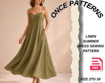 Patrón de vestido de lino estilo bohemio, vestido sin costura en la cintura (PDF), patrón de costura de vestido maxi fluido de corte A, vestido de verano de tirantes finos (tallas 2 a 30)