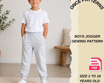 Molde em PDF para Calça Jogger Infantil | Molde para Calça de Moletom para Crianças | Cintura Elástica, Molde Faça Você Mesmo, Tamanhos de 2 a 16 Anos