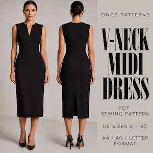 Op de afbeelding: Een zwarte midi-jurk met een V-hals, mouwloos ontwerp en een split aan de achterkant. De tekst luidt: ONCE PATTERNS V-NECK MIDI DRESS PDF SEWING PATTERN US SIZES 2 - 30 A4 / A0 / LETTER FORMAT.