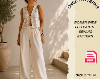 Patrón de costura en PDF para pantalones de pierna ancha, patrón de pantalones de lino con cintura elástica, patrón digital con bolsillo lateral, tallas 2 a 30.