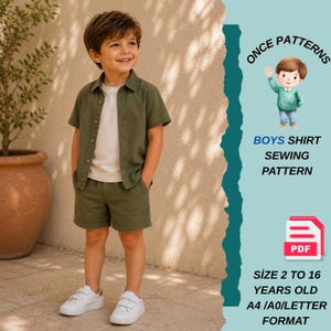 Boys Shirt Sewing Pattern PDF | Short Sleeve Button-Up Shirt | Kids Woven Shirt Pattern | Toddler & Child Sizes , Ages 2-16