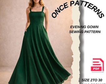 Patrón de costura para vestido de noche - Patrón de costura para vestido largo - Patrón de vestido estilo princesa - Vestido sin mangas - Vestido de verano de corte A (PDF 2 a 30)