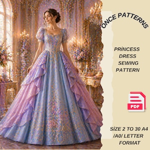 Puede incluir: Una mujer con un vestido de princesa con una falda en capas azul y morada y detalles dorados. El vestido tiene mangas cortas abullonadas y un escote corazón. El texto en la imagen dice "ONCE PATTERNS, PRINCESS DRESS SEWING PATTERN, SIZE 2 TO 30 A4 /A0/ LETTER FORMAT."