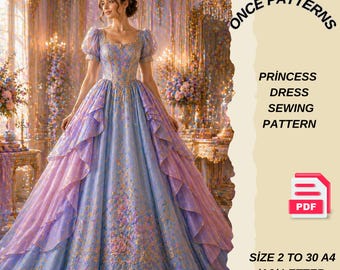Patrón de costura en PDF para vestido de princesa de gala, patrón de vestido con volantes, vestido con mangas abullonadas, vestido estilo cottagecore, patrón de vestido de noche, descarga instantánea.