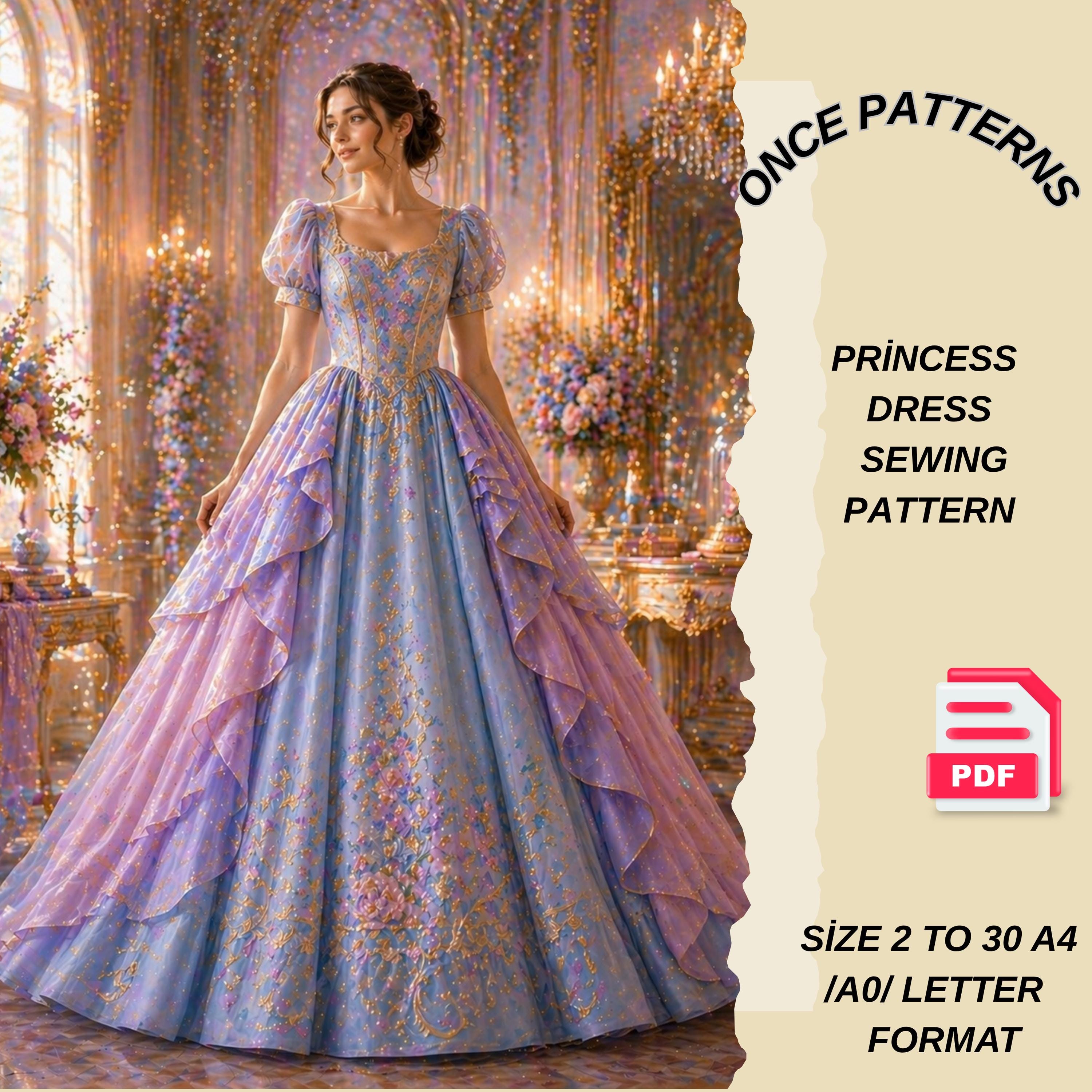 Princess Ball Gown Sewing Pattern PDF, Tiered Dress Pattern, Puff ...