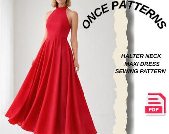 Patrón de costura para vestido largo con cuello halter, vestido de cintura alta en PDF, patrón de vestido de verano sin mangas, falda en línea A, descarga instantánea 2 a 30