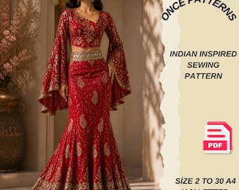 Patrón de costura de conjunto de dos piezas de inspiración india: top de manga acampanada y falda trompeta (PDF). Patrón de atuendo elegante. Tallas de la 2 a la 30. Descarga instantánea.