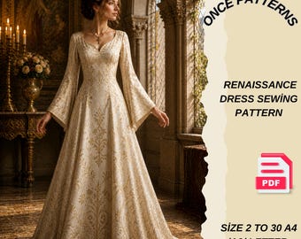 Patrón de costura en PDF para vestido renacentista, patrón de vestido medieval, vestido con puntada princesa, patrón de vestido maxi de manga larga, descarga instantánea.