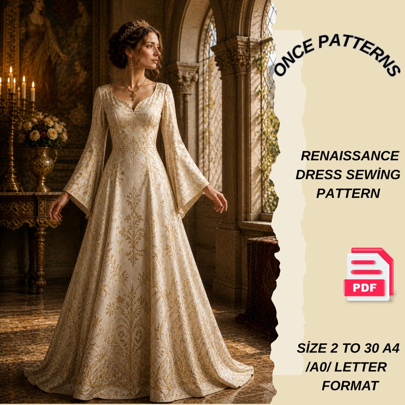 Renaissance Dress Sewing Pattern PDF, Medieval Dress Pattern, Princess ...