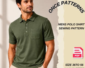 Patrón de costura en PDF para polo de hombre, patrón de polo de punto para hombre, polo de manga corta, patrón de camisa con cuello, tutorial de costura digital de la talla 36 a la 56.