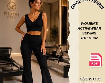 Patrón de costura en PDF para ropa deportiva femenina / Patrón de conjunto de pilates / Pantalones acampanados y top corto / Conjunto de punto de neopreno / Patrón de ropa de yoga / Tallas: 2 a 30