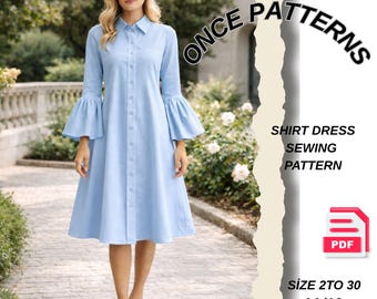 Patrón de costura en PDF para vestido camisero de mujer - Patrón de vestido midi - Vestido abotonado - Vestido con mangas con volantes, patrón de vestido con cuello - Descarga digital 2 a 30