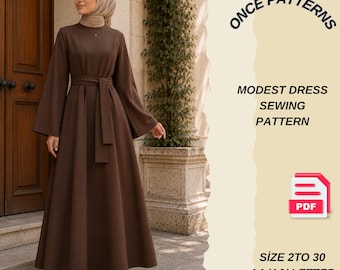 Patrón de costura en PDF para vestido modesto / Patrón para abaya / Patrón para vestido largo / Vestido con hiyab / Vestido musulmán / PDF digital