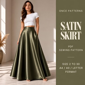 Puede incluir: Una falda larga de satén color verde oliva con silueta acampanada y cintura alta. El texto a la derecha dice: ONCE PATTERNS, SATIN SKIRT, PDF SEWING PATTERN, SIZE 2 TO 30, A4 / A0 / LETTER FORMAT.