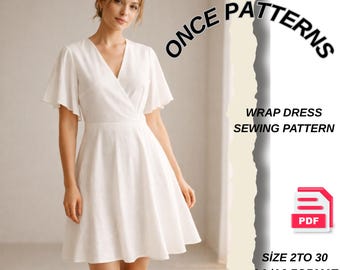 Patrón de costura para vestido cruzado - Vestido hasta la rodilla en PDF - Vestido de manga ancha - Patrón de costura ideal para principiantes - Patrón de vestido para mujer de 2 a 30 años