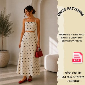 Puede incluir: Un conjunto de dos piezas color crema con lunares negros, compuesto por un top corto y una falda larga. El conjunto se combina con bailarinas rojas y un bolso de mano rojo. La imagen incluye el texto "ONCE PATTERNS" y "WOMEN'S A-LINE MAXI SKIRT & CROP TOP SEWING PATTERN".