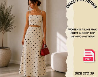 Molde para costura de saia maxi evasê e top cropped feminino | Conjunto moderno em PDF | Download instantâneo | Tamanhos 2 a 30