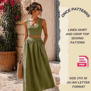 Peut inclure: Un patron de couture numérique pour un ensemble jupe et haut court en lin. Le texte indique ONCE PATTERNS, LINEN SKIRT AND CROP TOP SEWING PATTERN, PDF, et SIZE 2 TO 30 A4 /A0/ LETTER FORMAT. L'image montre un haut court et une jupe vert olive assortis.