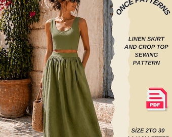 Op de afbeelding: Een digitaal naaipatroon voor een set van een linnen rok en crop top. De tekst luidt ONCE PATTERNS, LINEN SKIRT AND CROP TOP SEWING PATTERN, PDF, en SIZE 2 TO 30 A4 /A0/ LETTER FORMAT. De afbeelding toont een bijpassende olijfgroene crop top en rok.