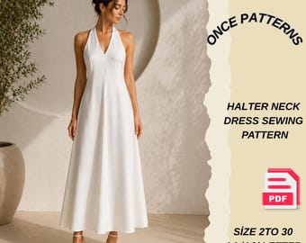 Patrón de costura en PDF para vestido largo con escote halter / Patrón de vestido con espalda descubierta / Vestido de verano hasta el tobillo / Ideal para principiantes (de 2 a 30 años)