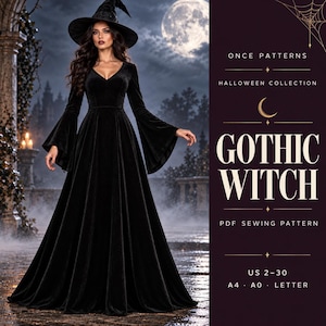 Patrón de costura en PDF para vestido de bruja gótica / Disfraz de Halloween con mangas acampanadas / Tallas de mujer (EE. UU. 2–30) / PDF digital