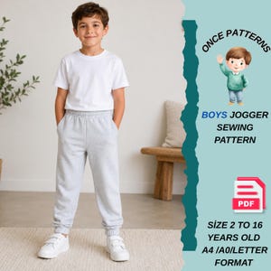 Op de afbeelding: Een digitaal naaipatroon voor joggingbroeken in de maten 2 tot 16 jaar, in PDF-formaat voor A4, A0 en letterpapier. De afbeelding bevat de tekst ONCE PATTERNS BOYS JOGGER SEWING PATTERN en een illustratie van een kind in een groene trui.