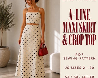 May include: A two-piece set featuring a cream-colored crop top and a matching A-line maxi skirt, both decorated with a black polka dot pattern. The text reads ONCE PATTERNS A-LINE MAXI SKIRT & CROP TOP PDF SEWING PATTERN US SIZES 2 - 30 A4 / A0 / LETTER FORMAT.